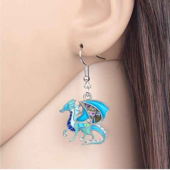 Silver and Multicolor Enamel Mythical Dragon Dangling French Wire Hook Earrings - Picture 4 of 5